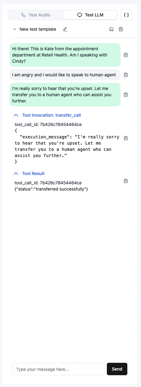 Screenshot of the function calling test