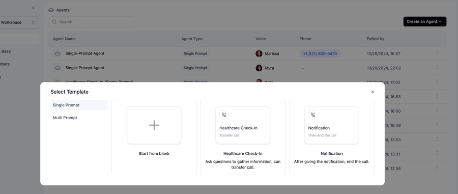 Agent template selection screen